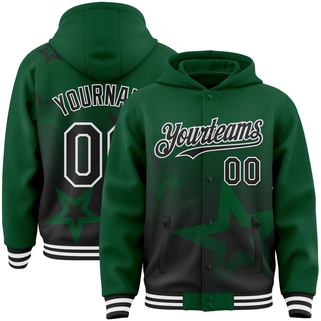 Custom Kelly Green Black-White Gradient Style Twinkle Star Bomber Full-Snap Varsity Letterman Hoodie Jacket
