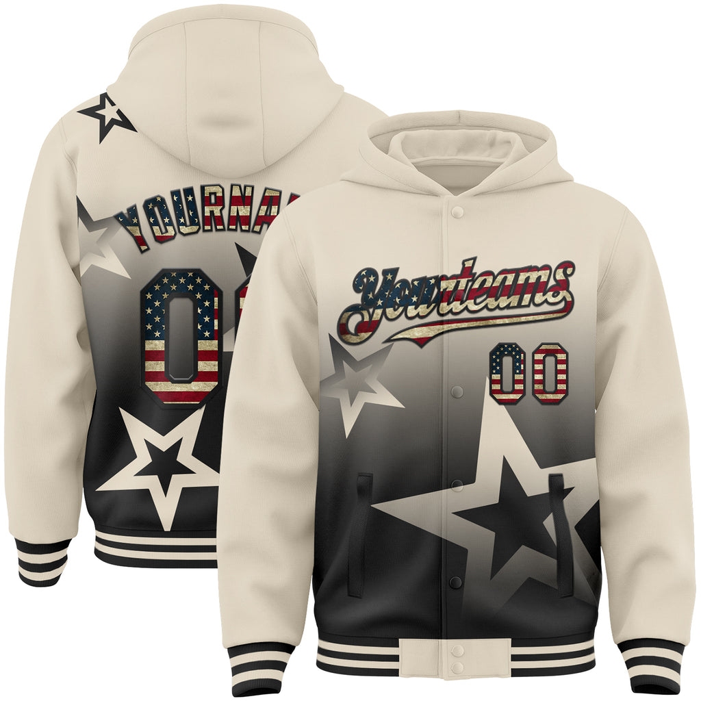 Custom Cream Vintage USA Flag-Black Gradient Style Twinkle Star Bomber Full-Snap Varsity Letterman Hoodie Jacket