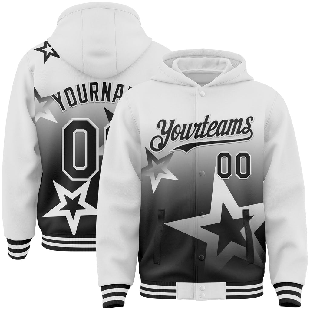 Custom White-Black Gradient Style Twinkle Star Bomber Full-Snap Varsity Letterman Hoodie Jacket