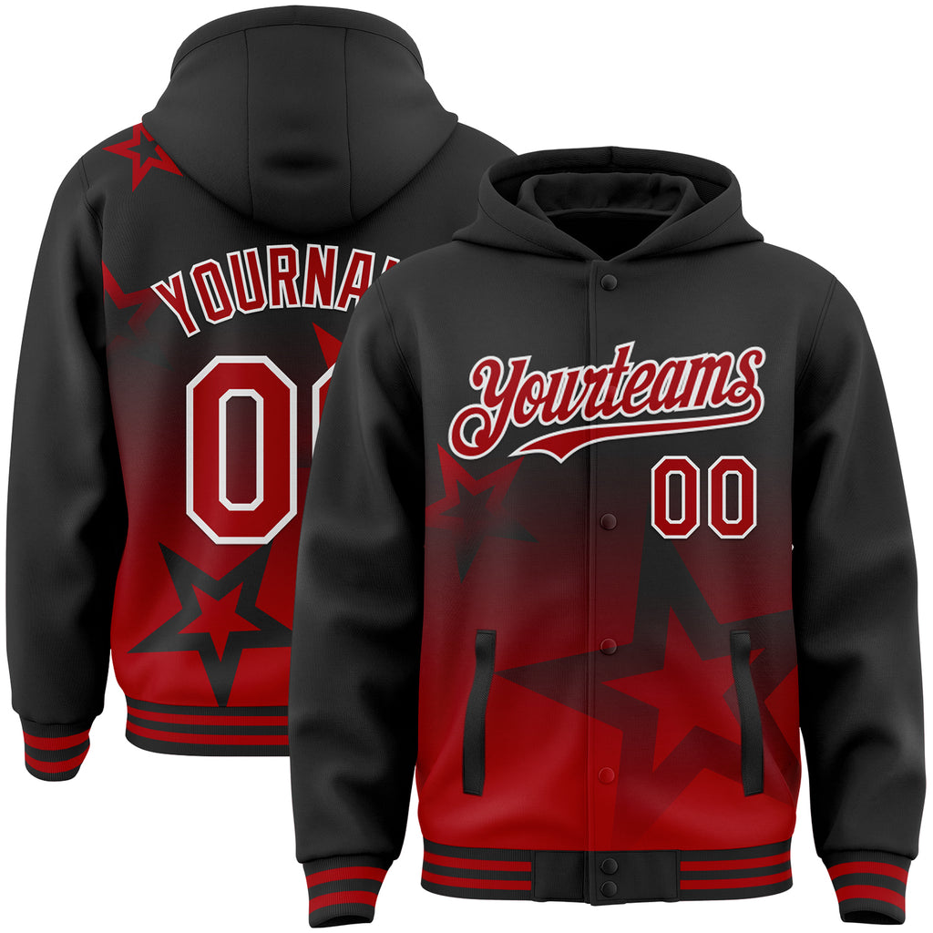 Custom Black Red-White Gradient Style Twinkle Star Bomber Full-Snap Varsity Letterman Hoodie Jacket