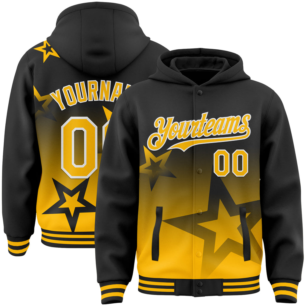 Custom Black Gold-White Gradient Style Twinkle Star Bomber Full-Snap Varsity Letterman Hoodie Jacket