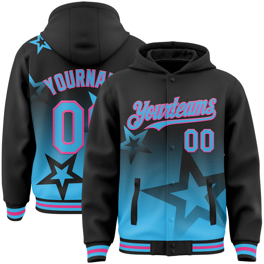 Custom Black Sky Blue-Pink Gradient Style Twinkle Star Bomber Full-Snap Varsity Letterman Hoodie Jacket
