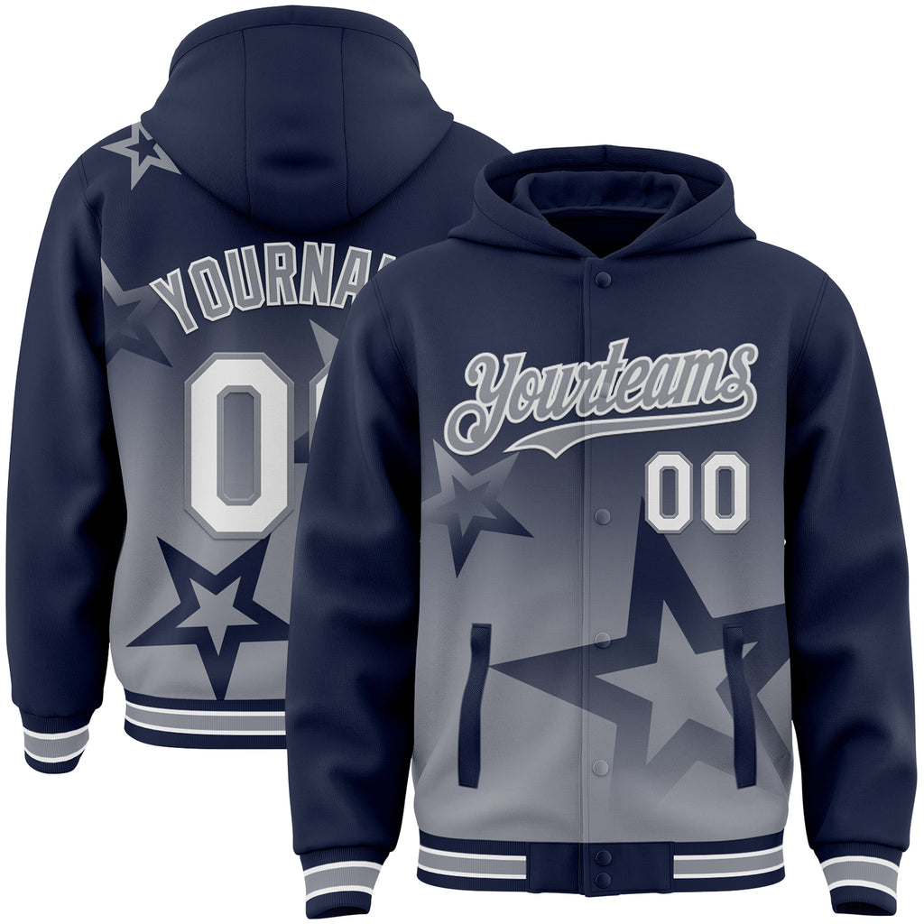 Custom Navy White-Gray Gradient Style Twinkle Star Bomber Full-Snap Varsity Letterman Hoodie Jacket