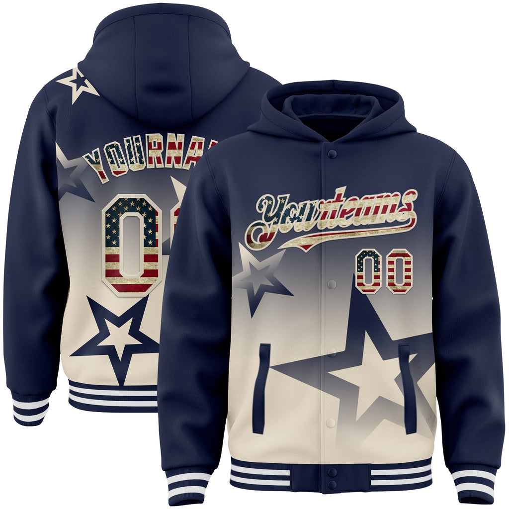 Custom Navy Vintage USA Flag-Cream Gradient Style Twinkle Star Bomber Full-Snap Varsity Letterman Hoodie Jacket