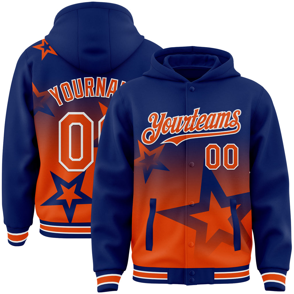 Custom Royal Orange-White Gradient Style Twinkle Star Bomber Full-Snap Varsity Letterman Hoodie Jacket