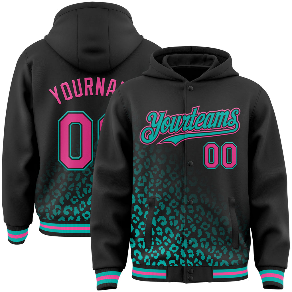 Custom Black Pink-Aqua Leopard Print Fade Fashion Bomber Full-Snap Varsity Letterman Hoodie Jacket