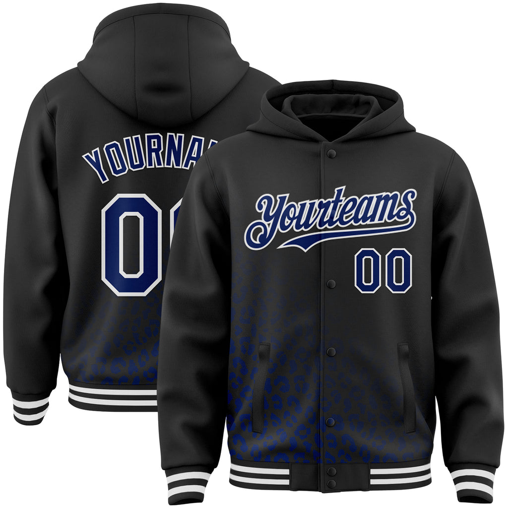 Custom Black Royal-White Leopard Print Fade Fashion Bomber Full-Snap Varsity Letterman Hoodie Jacket