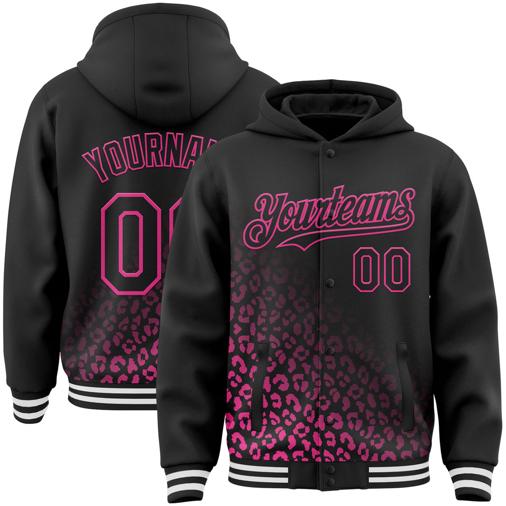Custom Black-Pink Leopard Print Fade Fashion Bomber Full-Snap Varsity Letterman Hoodie Jacket