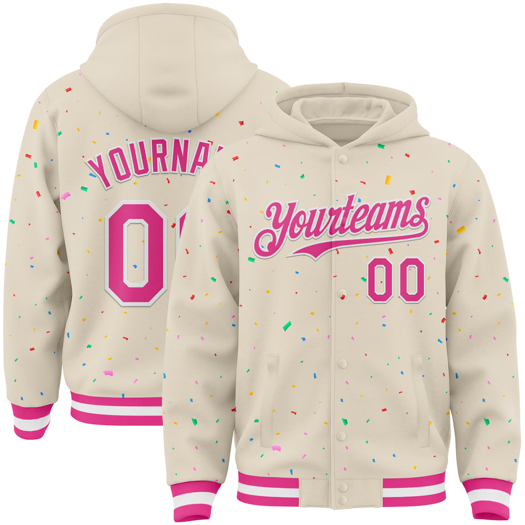 Custom Cream Pink-White Confetti Colorful Speckle 3D Pattern Bomber Full-Snap Varsity Letterman Hoodie Jacket