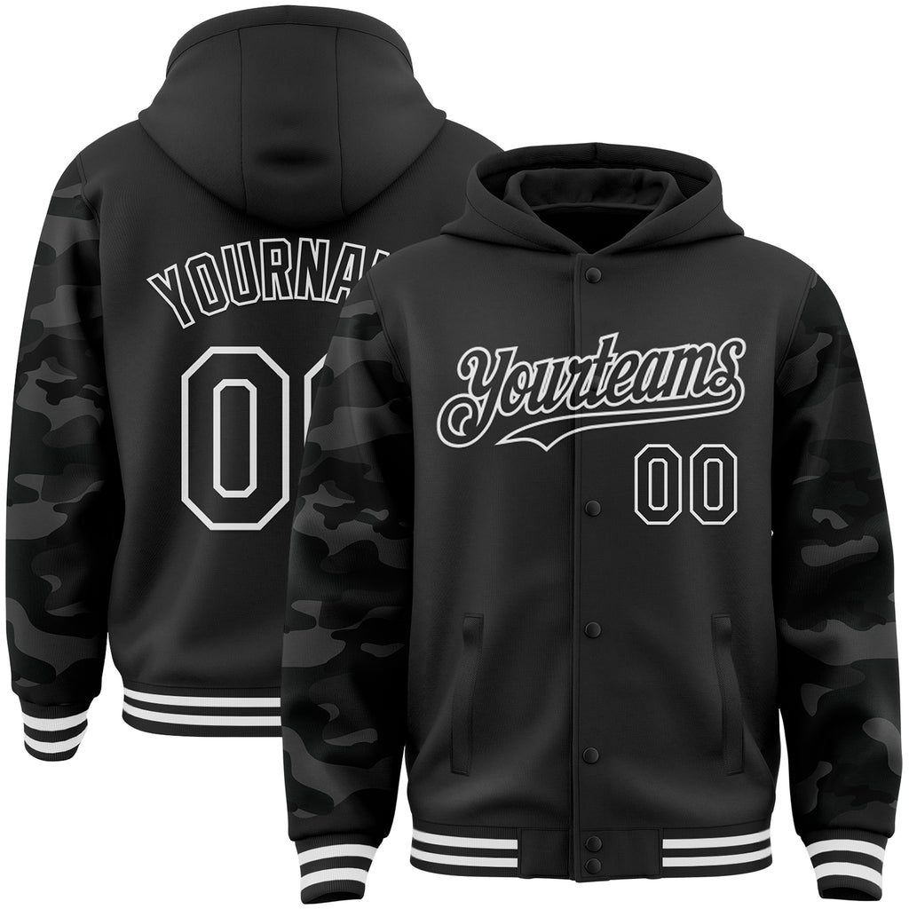 Custom Black-White Digital Camo Two Tone Bomber Full-Snap Varsity Letterman Hoodie Jacket