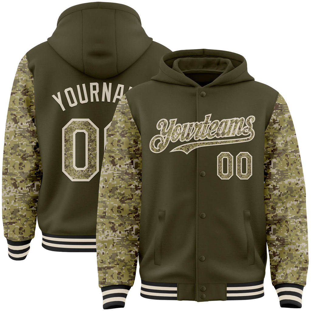 Custom Olive-Cream Digital Camo Two Tone Bomber Full-Snap Varsity Letterman Hoodie Jacket