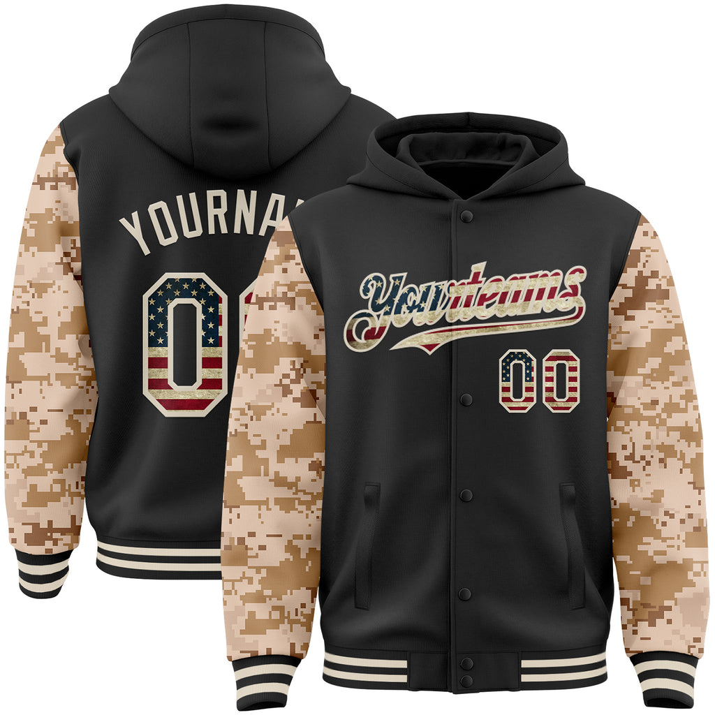 Custom Black Vintage USA Flag-Cream Digital Camo Two Tone Bomber Full-Snap Varsity Letterman Hoodie Jacket