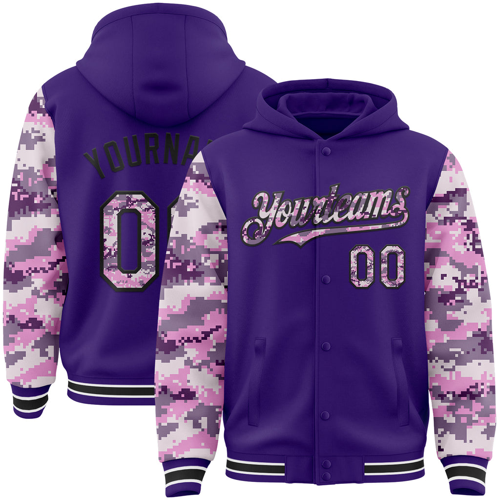 Custom Purple-Black Digital Camo Two Tone Bomber Full-Snap Varsity Letterman Hoodie Jacket