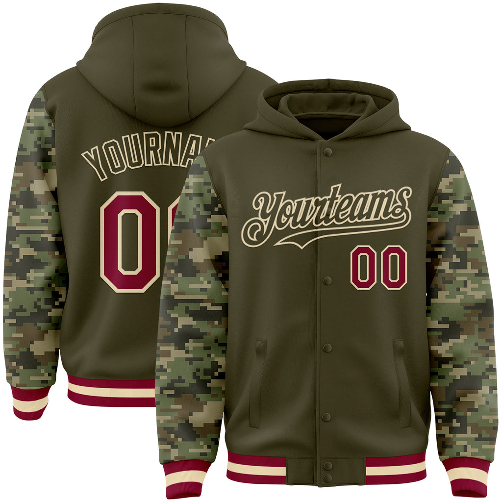 Custom Olive Maroon-Cream Digital Camo Two Tone Bomber Full-Snap Varsity Letterman Hoodie Jacket