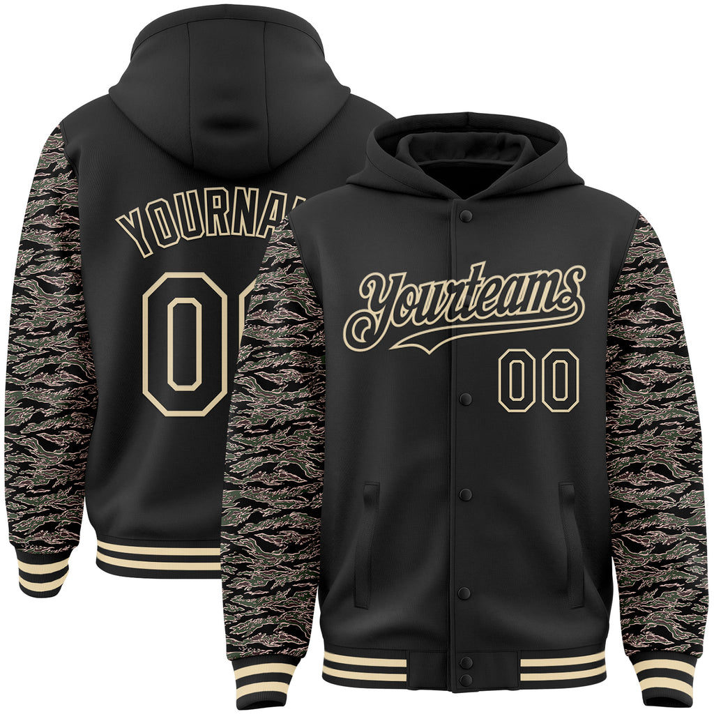 Custom Black-Cream Digital Camo Two Tone Bomber Full-Snap Varsity Letterman Hoodie Jacket