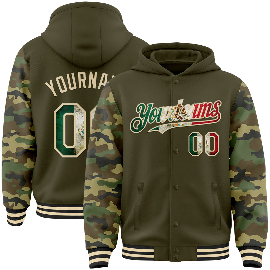 Custom Olive Vintage Mexican Flag-Cream Digital Camo Two Tone Bomber Full-Snap Varsity Letterman Hoodie Jacket