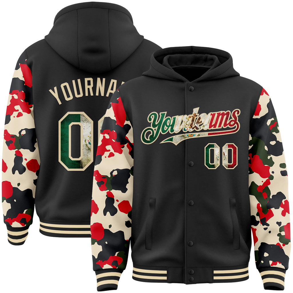 Custom Black Vintage Mexican Flag-Cream Digital Camo Two Tone Bomber Full-Snap Varsity Letterman Hoodie Jacket
