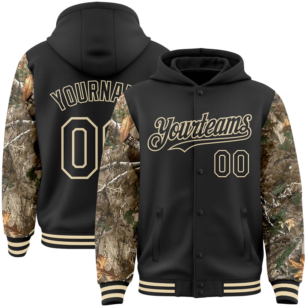 Custom Black-Cream Woodland Camo Two Tone Bomber Full-Snap Varsity Letterman Hoodie Jacket
