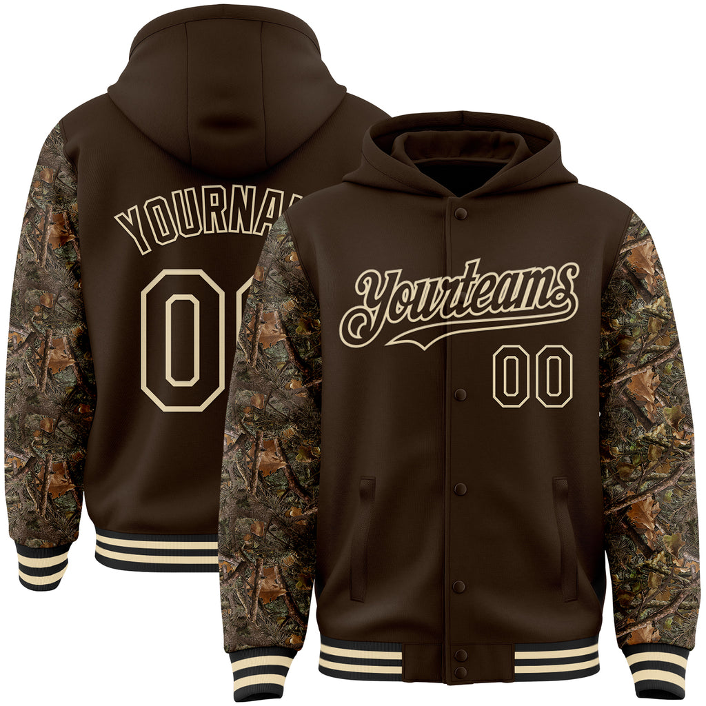 Custom Brown-Cream Woodland Camo Two Tone Bomber Full-Snap Varsity Letterman Hoodie Jacket