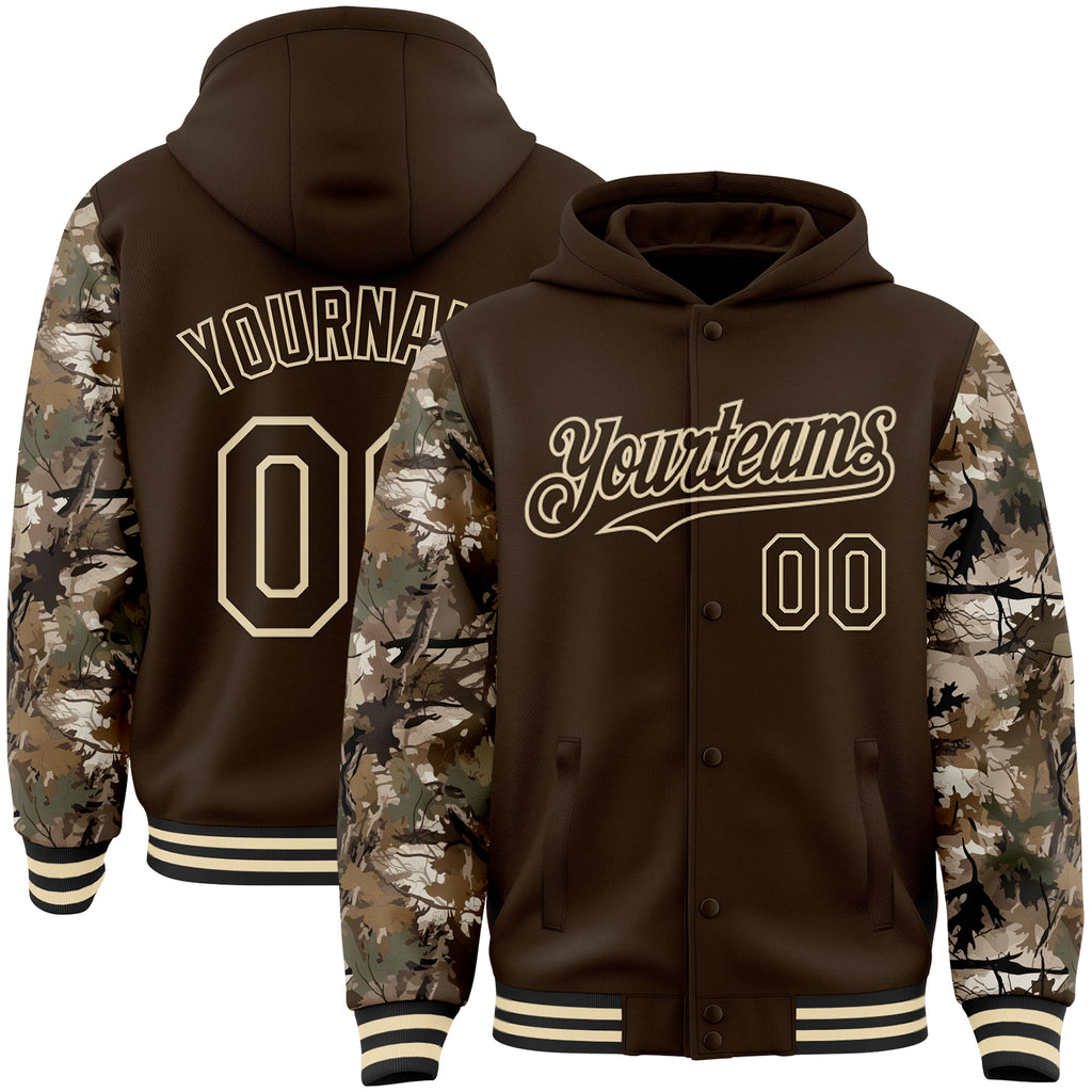 Custom Brown-Cream Woodland Camo Two Tone Bomber Full-Snap Varsity Letterman Hoodie Jacket