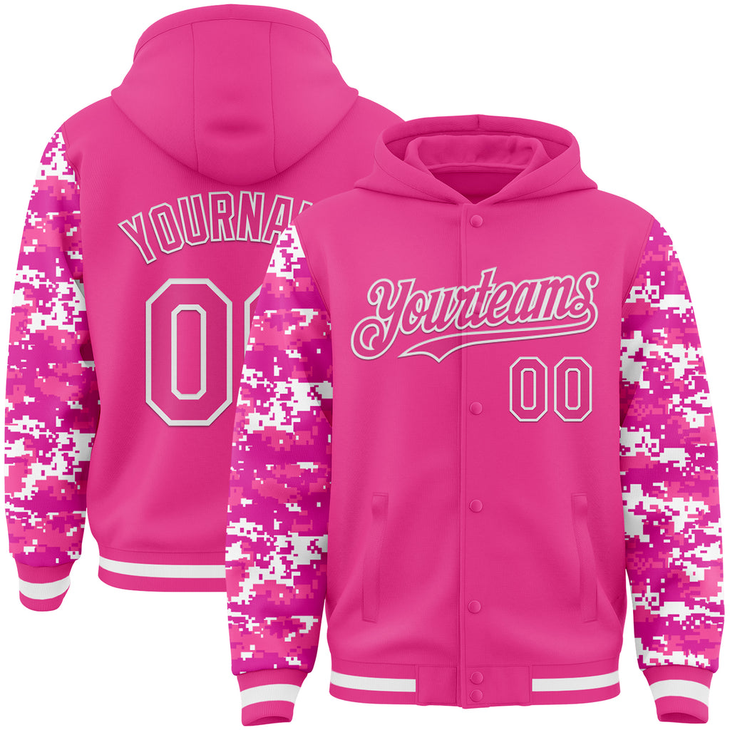 Custom Pink-White Digital Camo Two Tone Bomber Full-Snap Varsity Letterman Hoodie Jacket