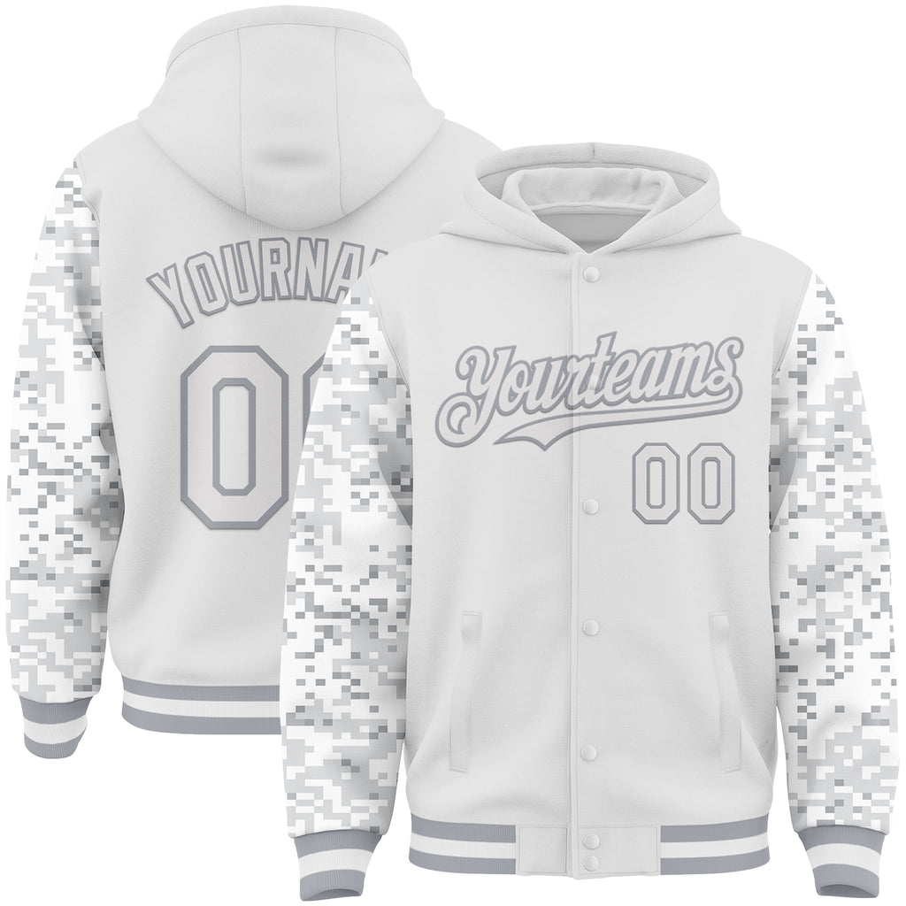 Custom White-Gray Digital Camo Two Tone Bomber Full-Snap Varsity Letterman Hoodie Jacket