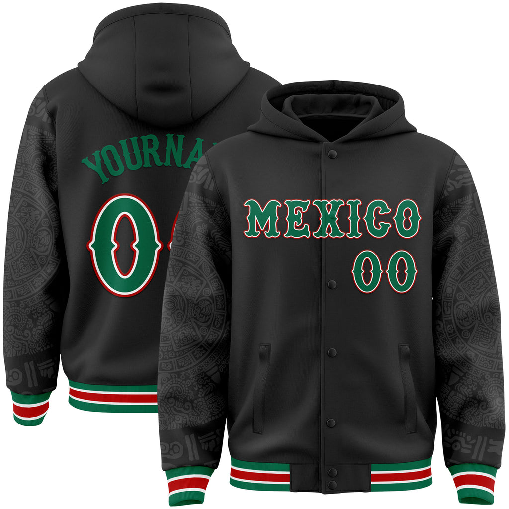 Custom Black Kelly Green White-Red Mexico Aztec Calendar Bomber Full-Snap Varsity Letterman Hoodie Jacket