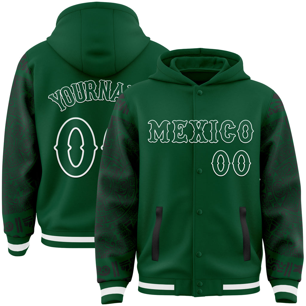 Custom Kelly Green Black-White Mexico Aztec Calendar Bomber Full-Snap Varsity Letterman Hoodie Jacket