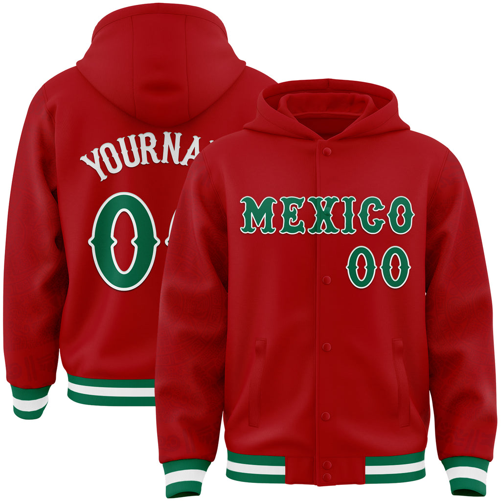 Custom Red Kelly Green-White Mexico Aztec Calendar Bomber Full-Snap Varsity Letterman Hoodie Jacket