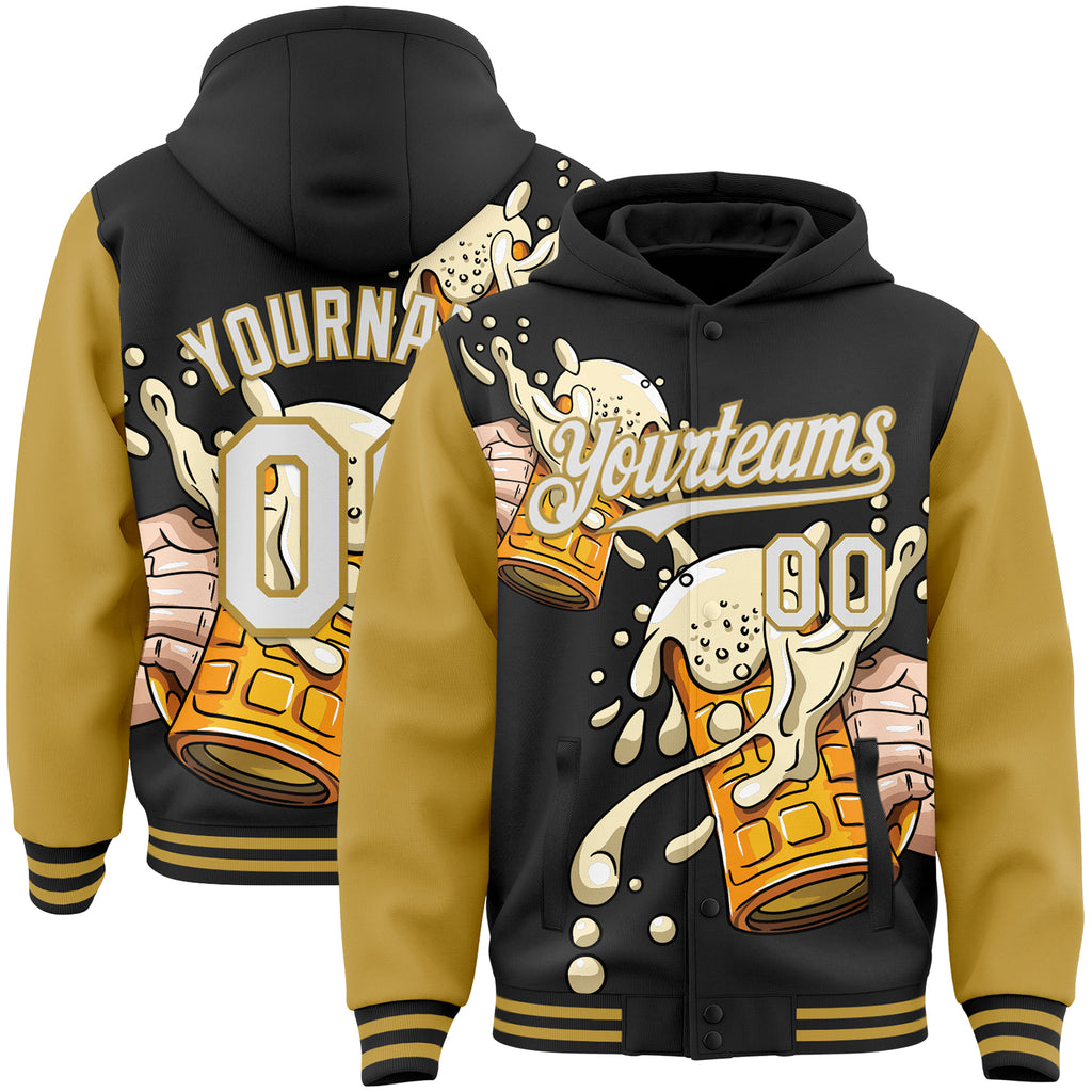 Custom Black White-Old Gold Beer Festival Two Tone Bomber Full-Snap Varsity Letterman Hoodie Jacket
