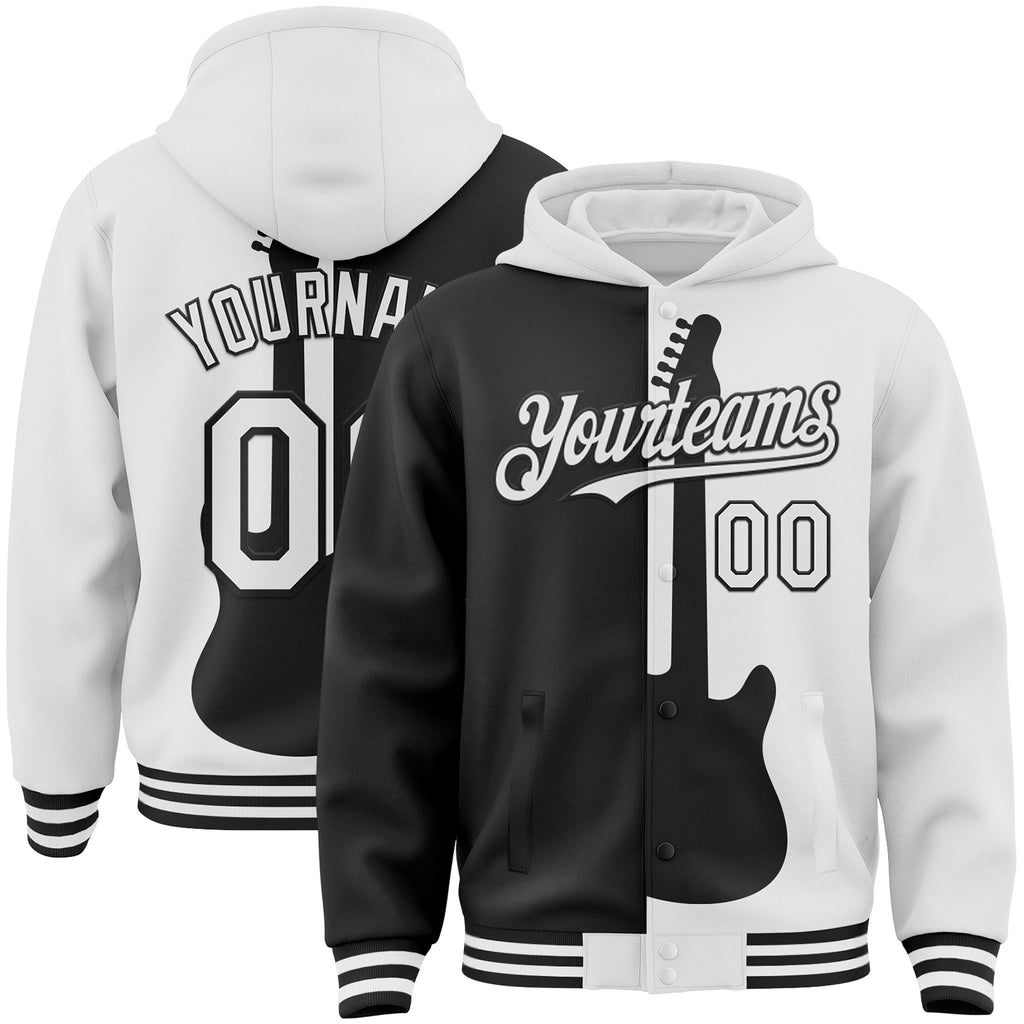 Custom Black-White Music Festival Guitar Rock And Roll 3D Pattern Bomber Full-Snap Varsity Letterman Hoodie Jacket