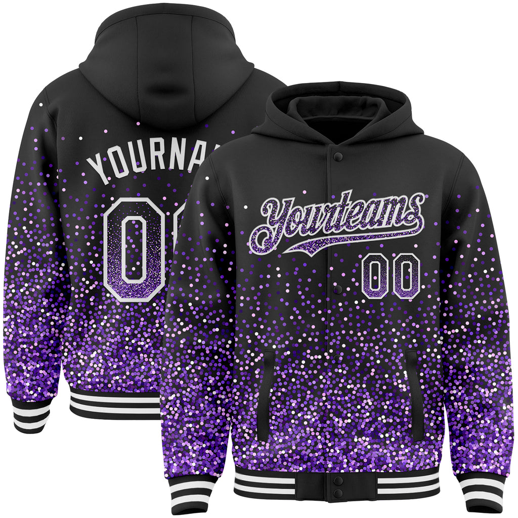 Custom Black Purple-White Abstract Colorful Glittering Dot 3D Pattern Bomber Full-Snap Varsity Letterman Hoodie Jacket