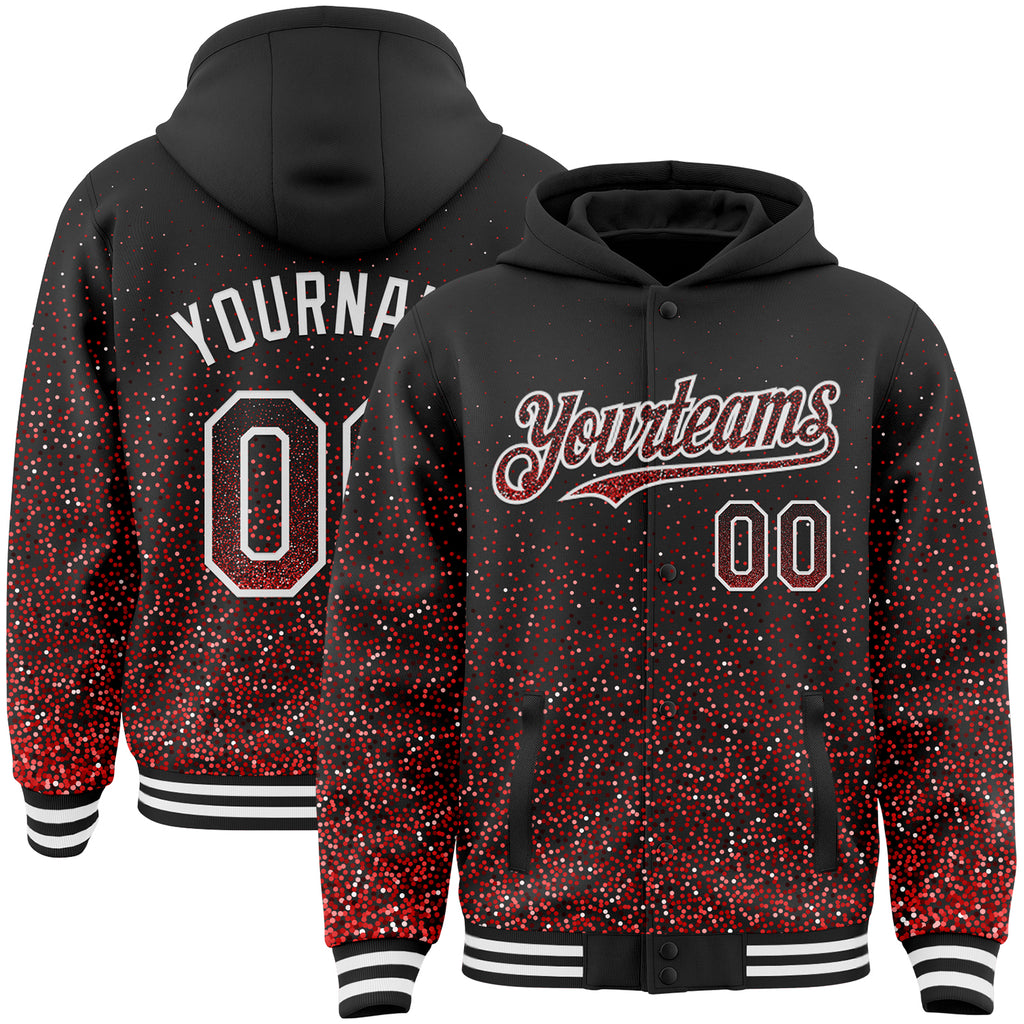 Custom Black Red-White Abstract Colorful Glittering Dot 3D Pattern Bomber Full-Snap Varsity Letterman Hoodie Jacket