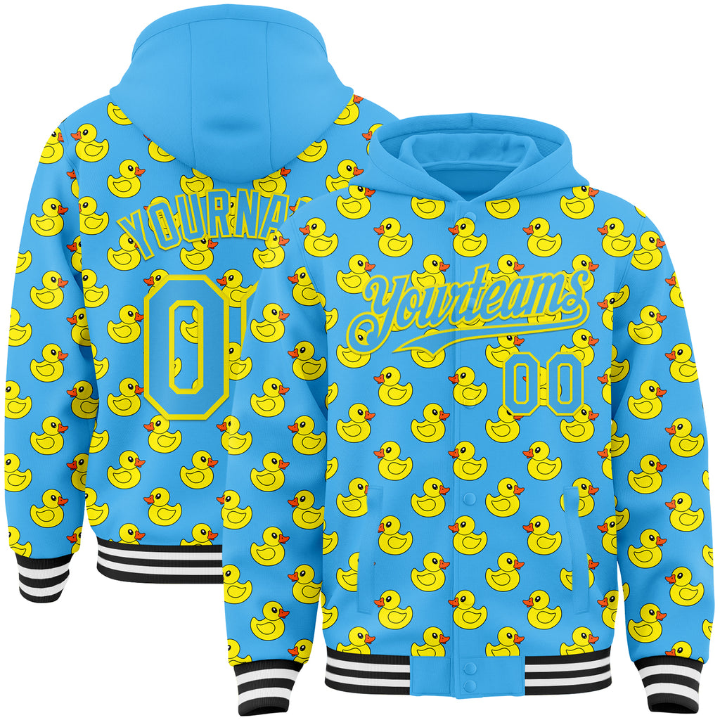 Custom Sky Blue-Light Yellow Animal Duck 3D Pattern Bomber Full-Snap Varsity Letterman Hoodie Jacket