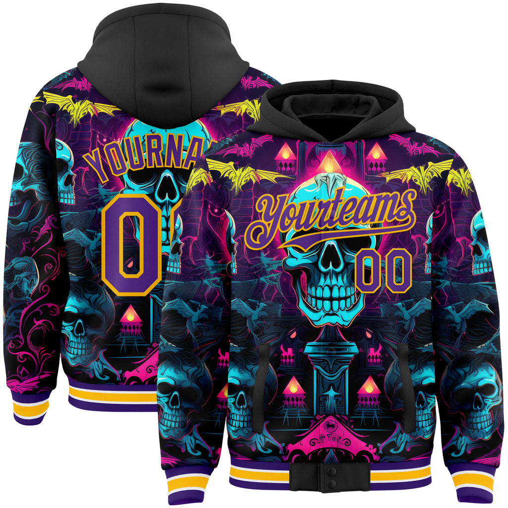 Custom Black Purple-Gold Rave Skull Bomber Full-Snap Varsity Letterman Hoodie Jacket