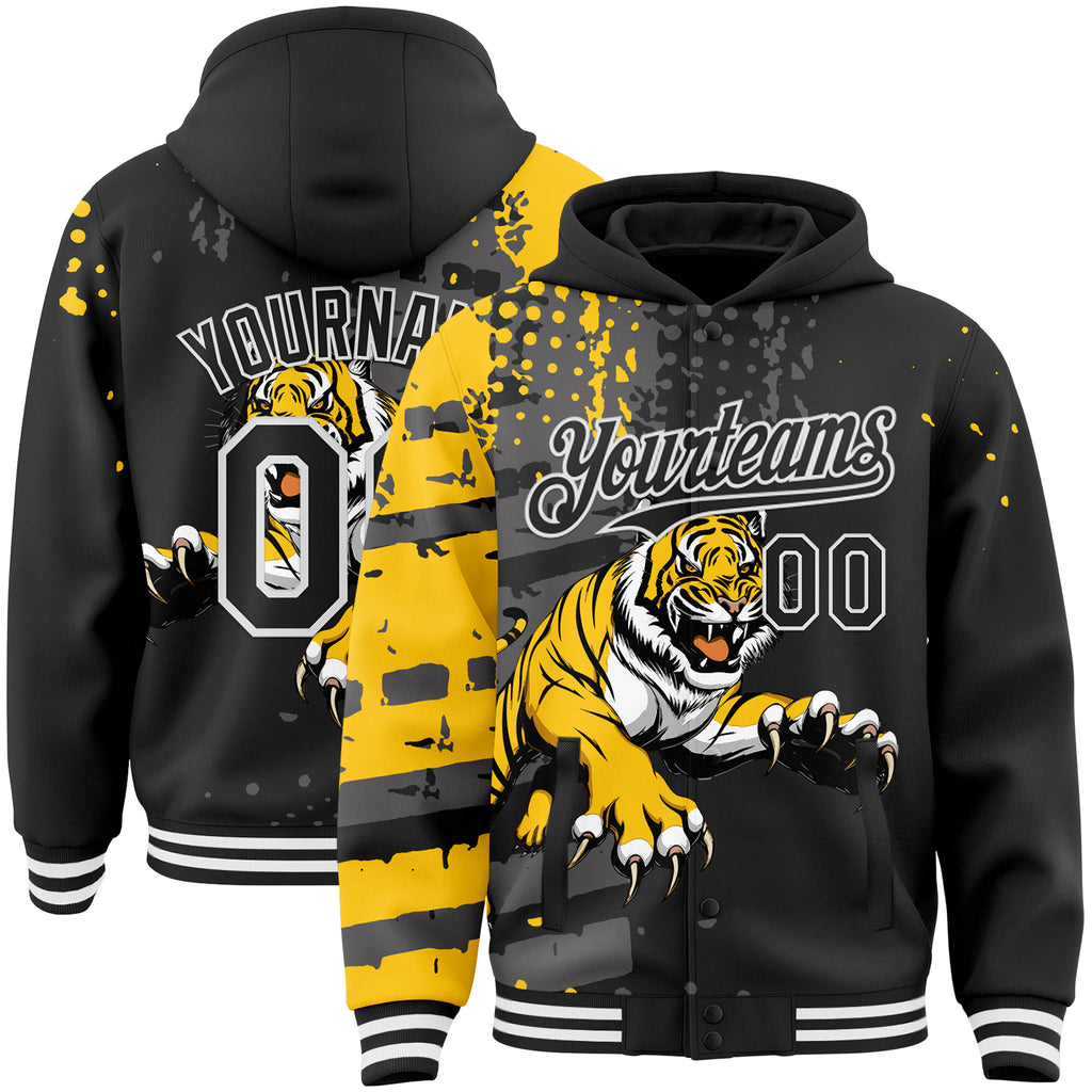 Custom Black-White Animal Tiger 3D Pattern Bomber Full-Snap Varsity Letterman Hoodie Jacket