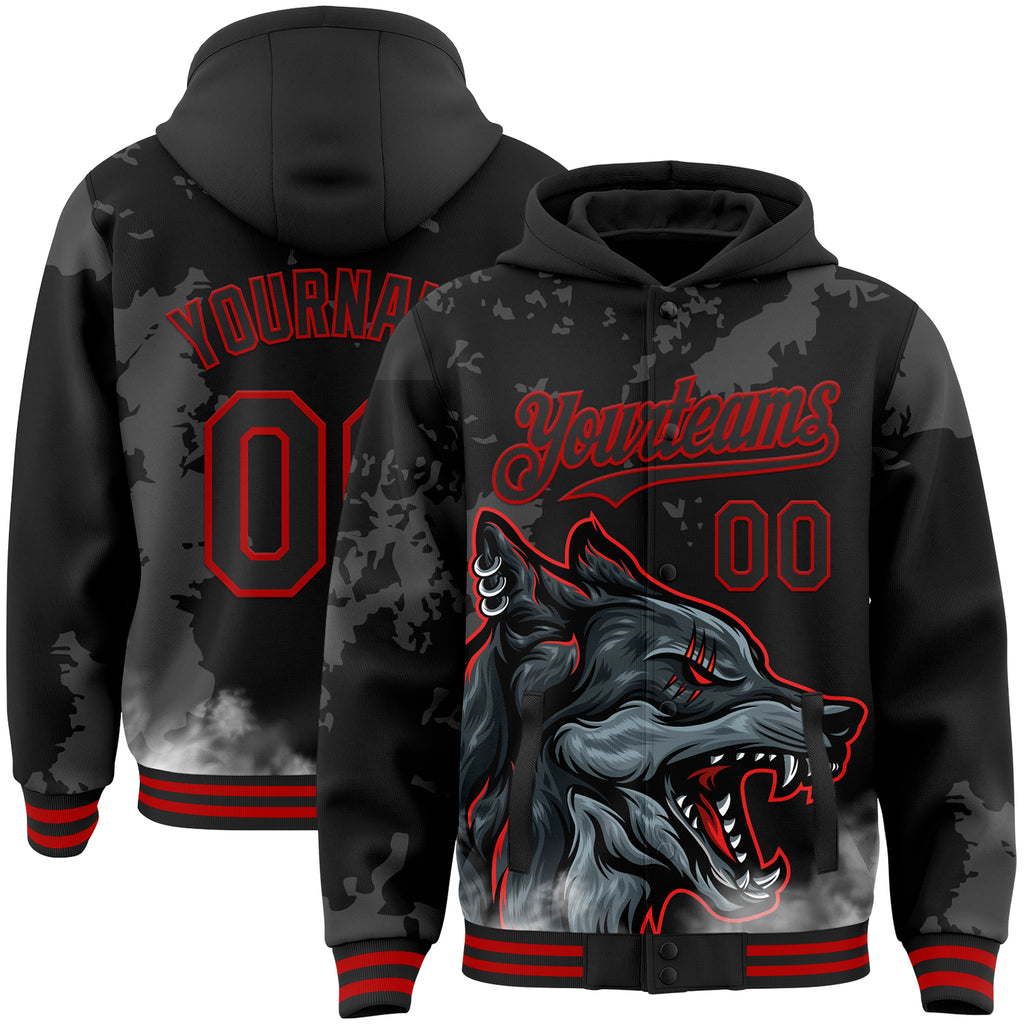 Custom Black-Red Animal Wolf 3D Pattern Bomber Full-Snap Varsity Letterman Hoodie Jacket
