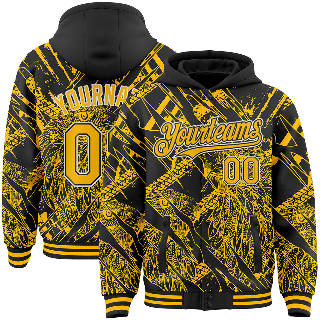 Custom Black Gold-White Animal Eagle 3D Pattern Bomber Full-Snap Varsity Letterman Hoodie Jacket