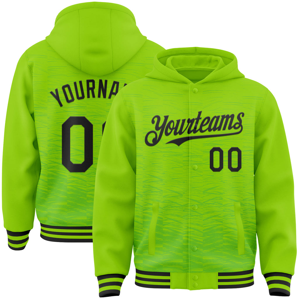 Custom Neon Green-Black Distressed Scratch 3D Pattern Bomber Full-Snap Varsity Letterman Hoodie Jacket