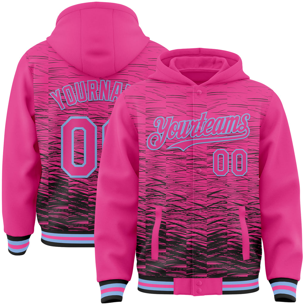 Custom Pink Black-Light Blue Distressed Scratch 3D Pattern Bomber Full-Snap Varsity Letterman Hoodie Jacket