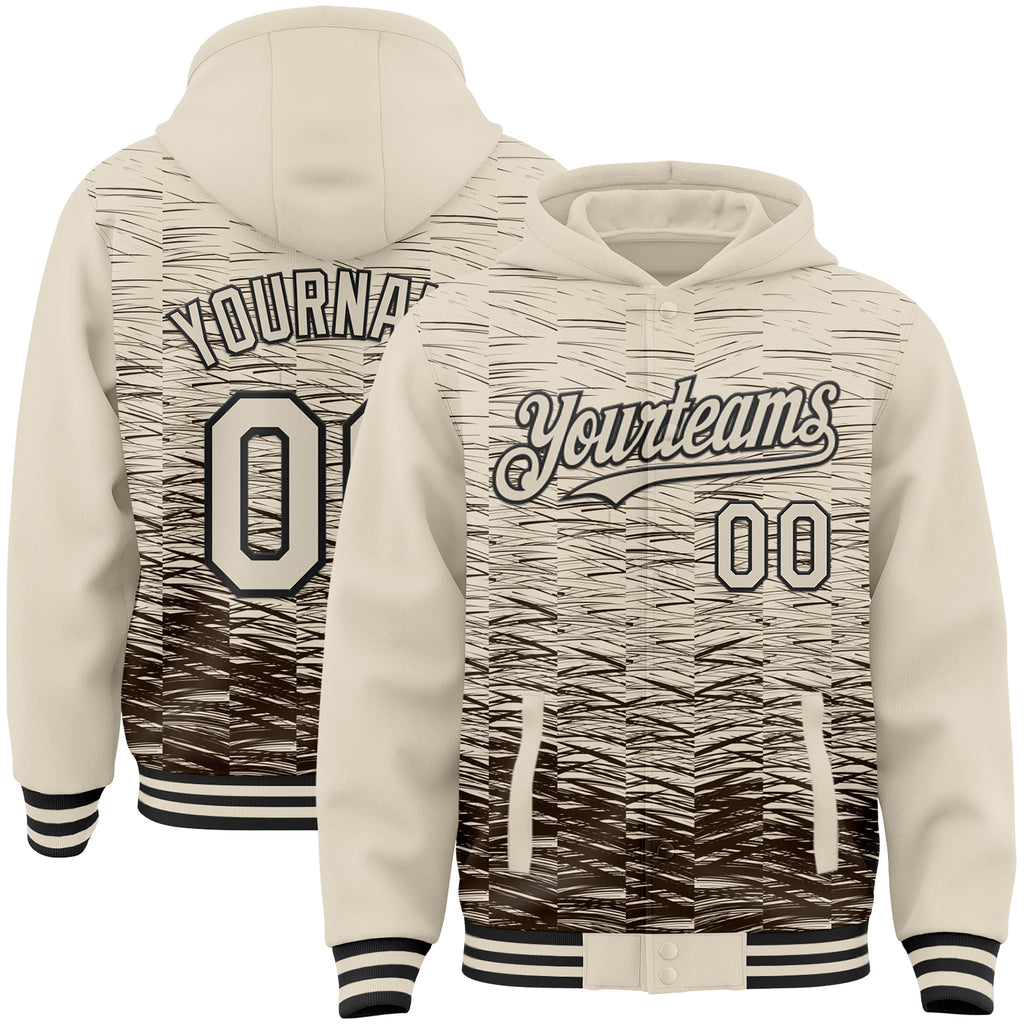 Custom Cream Brown-Black Distressed Scratch 3D Pattern Bomber Full-Snap Varsity Letterman Hoodie Jacket