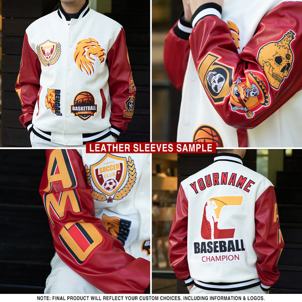 Custom White-Pink Distressed Scratch Two Tone Bomber Full-Snap Varsity Letterman Hoodie Jacket