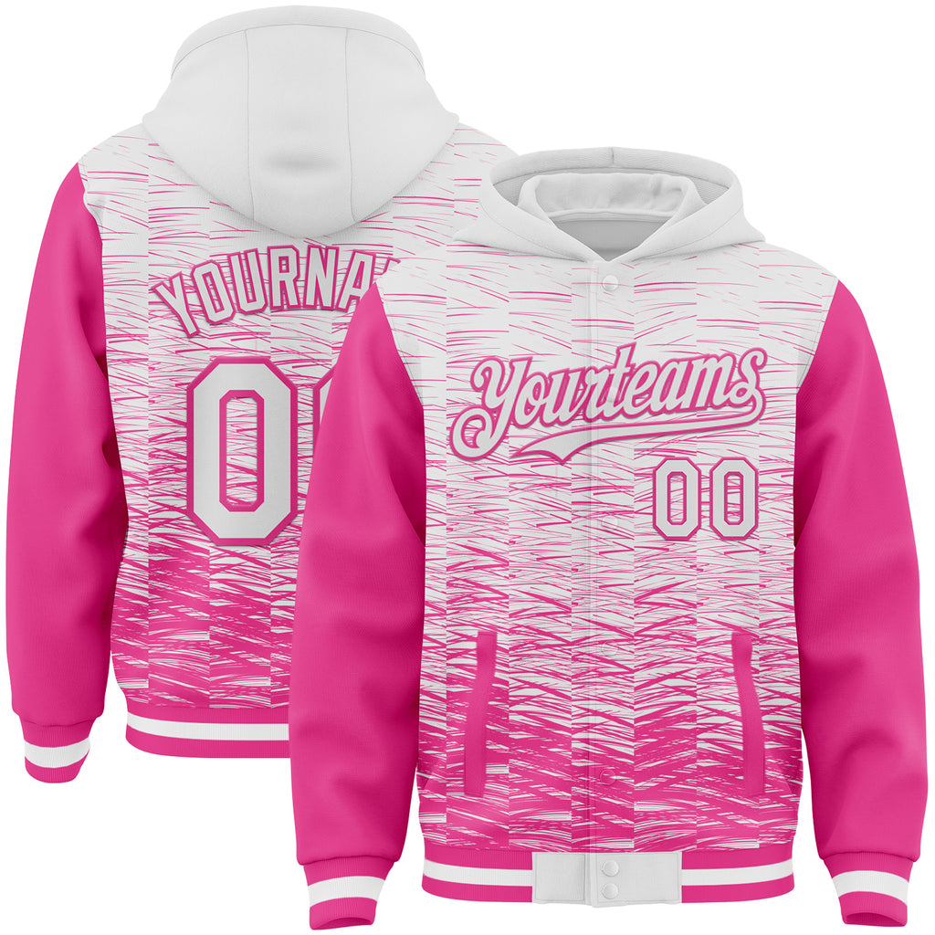 Custom White-Pink Distressed Scratch Two Tone Bomber Full-Snap Varsity Letterman Hoodie Jacket