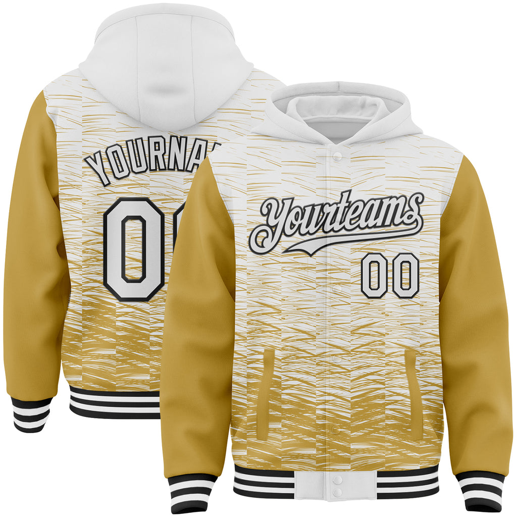 Custom White Old Gold-Black Distressed Scratch Two Tone Bomber Full-Snap Varsity Letterman Hoodie Jacket
