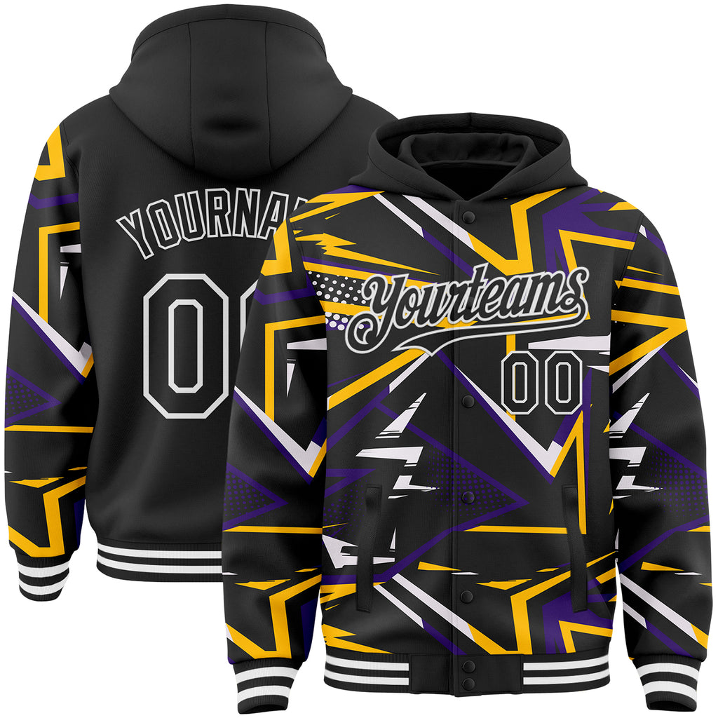 Custom Black Purple Gold-White Dynamic Geometric Shard Bomber Full-Snap Varsity Letterman Hoodie Jacket