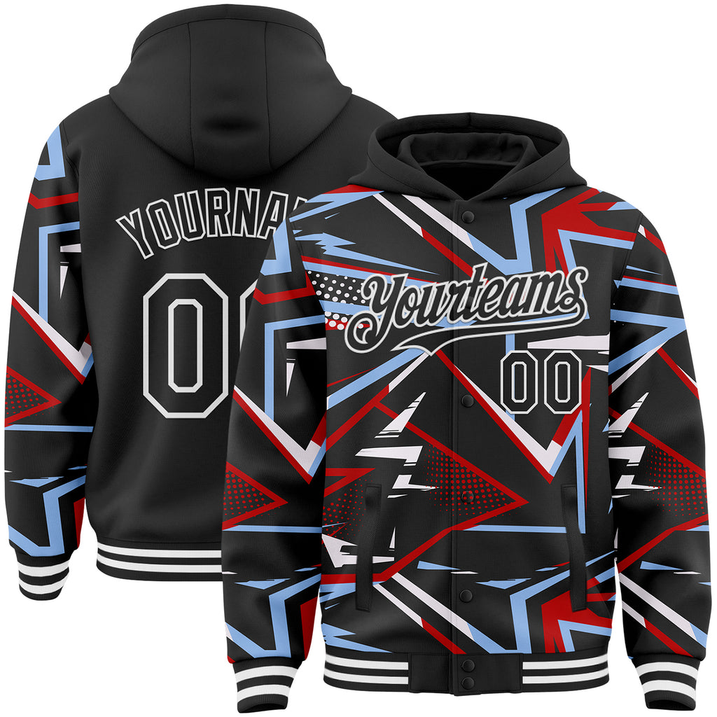 Custom Black Red Light Blue-White Dynamic Geometric Shard Bomber Full-Snap Varsity Letterman Hoodie Jacket