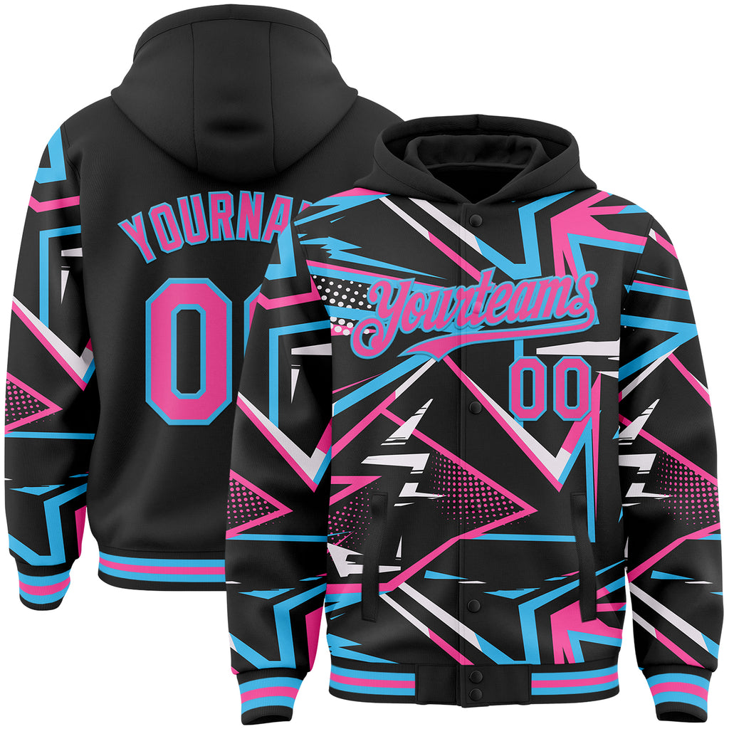 Custom Black Pink-Sky Blue Dynamic Geometric Shard Bomber Full-Snap Varsity Letterman Hoodie Jacket