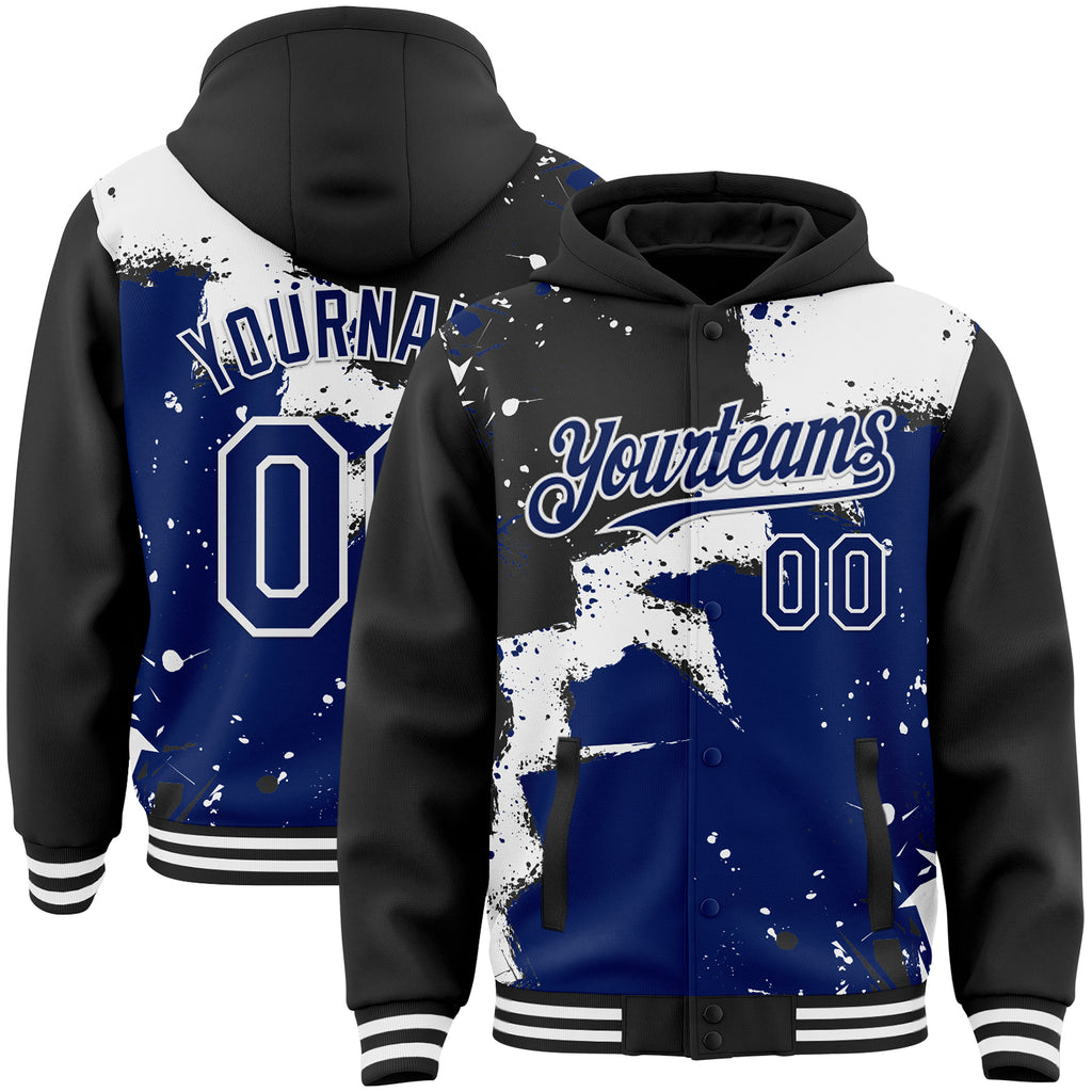 Custom Black Royal-White Torn Paper Style Paint Splatter Bomber Full-Snap Varsity Letterman Hoodie Jacket