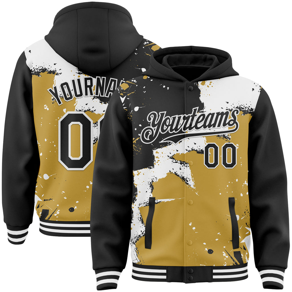Custom Black White-Old Gold Torn Paper Style Paint Splatter Bomber Full-Snap Varsity Letterman Hoodie Jacket