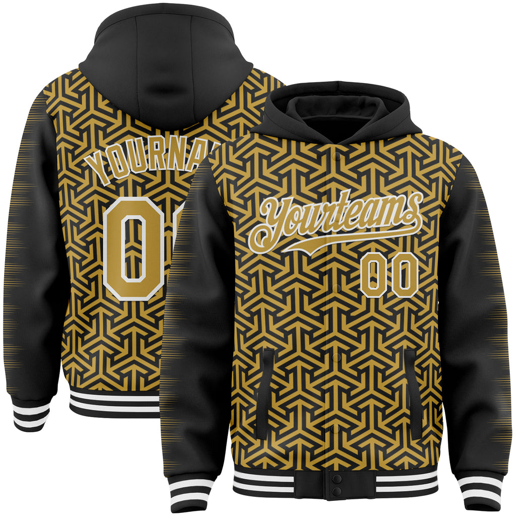Custom Black Old Gold-White Geometric Arrow Bomber Full-Snap Varsity Letterman Hoodie Jacket